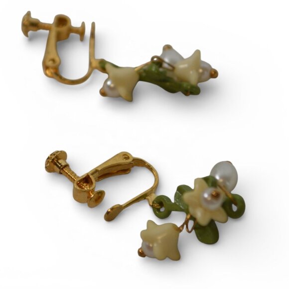 Vintage Floral Screw Back Earrings Faux Pearl Dangle Gold Tone NEW - Picture 2 of 2
